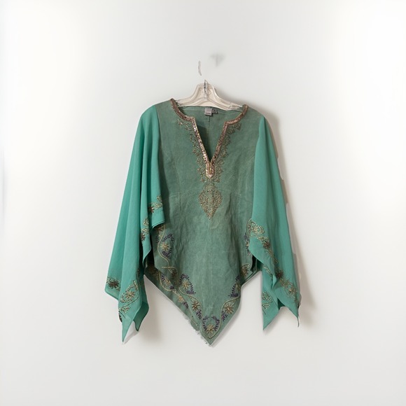 Wilsons Leather Tops - VTG  Wilson's Leather Blue Suede Boho Western‎ Sequin Kimono Sleeve Top Sz Small